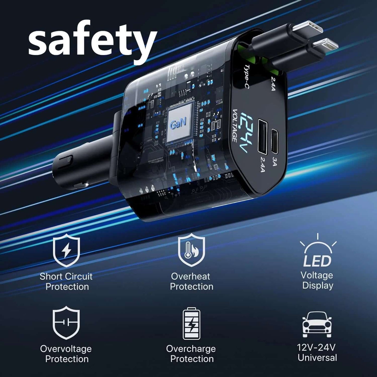 DROPPZZA Retractable Car Charger 120W Fast Charger, 4-In-1 Fast Charging Car Phone Charger