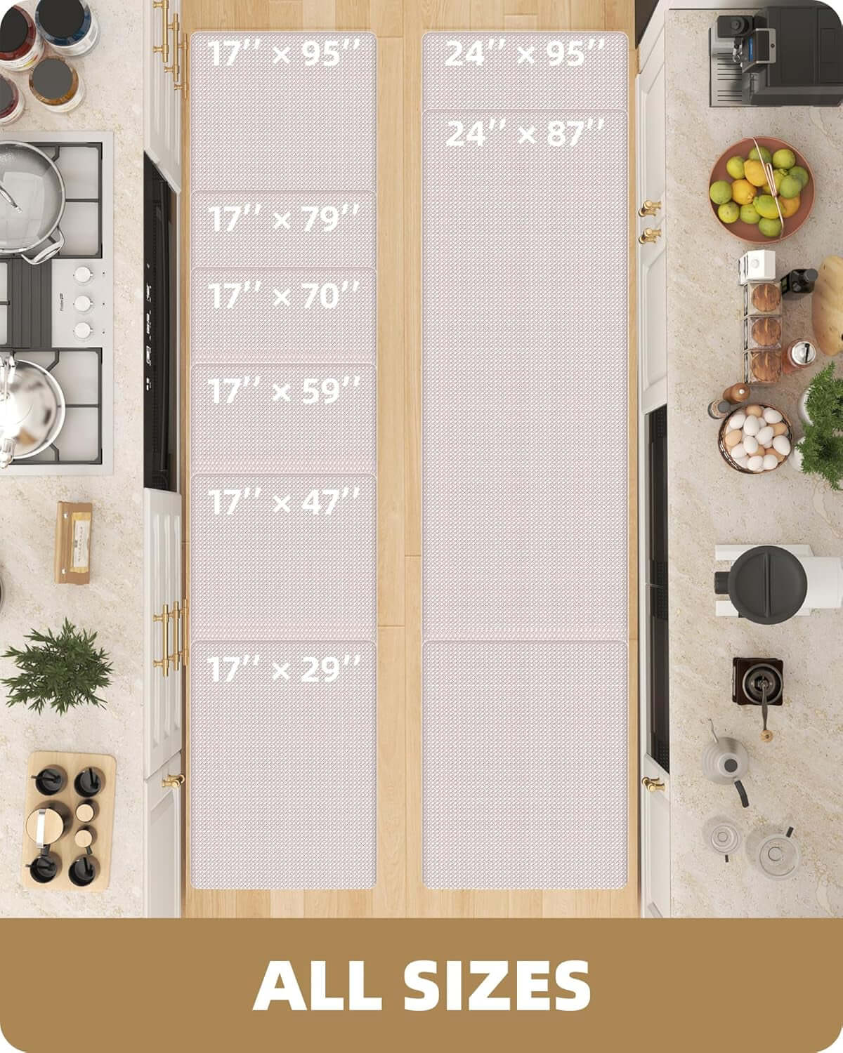 DROPPZZA Kitchen Rug Set 2 Piece Kitchen Runner Rug Kitchen Floor Mat, Cushioned anti Fatigue Non Skid Waterproof Comfort Standing Kitchen Mat, 17"X47"+17"X95", Wheat