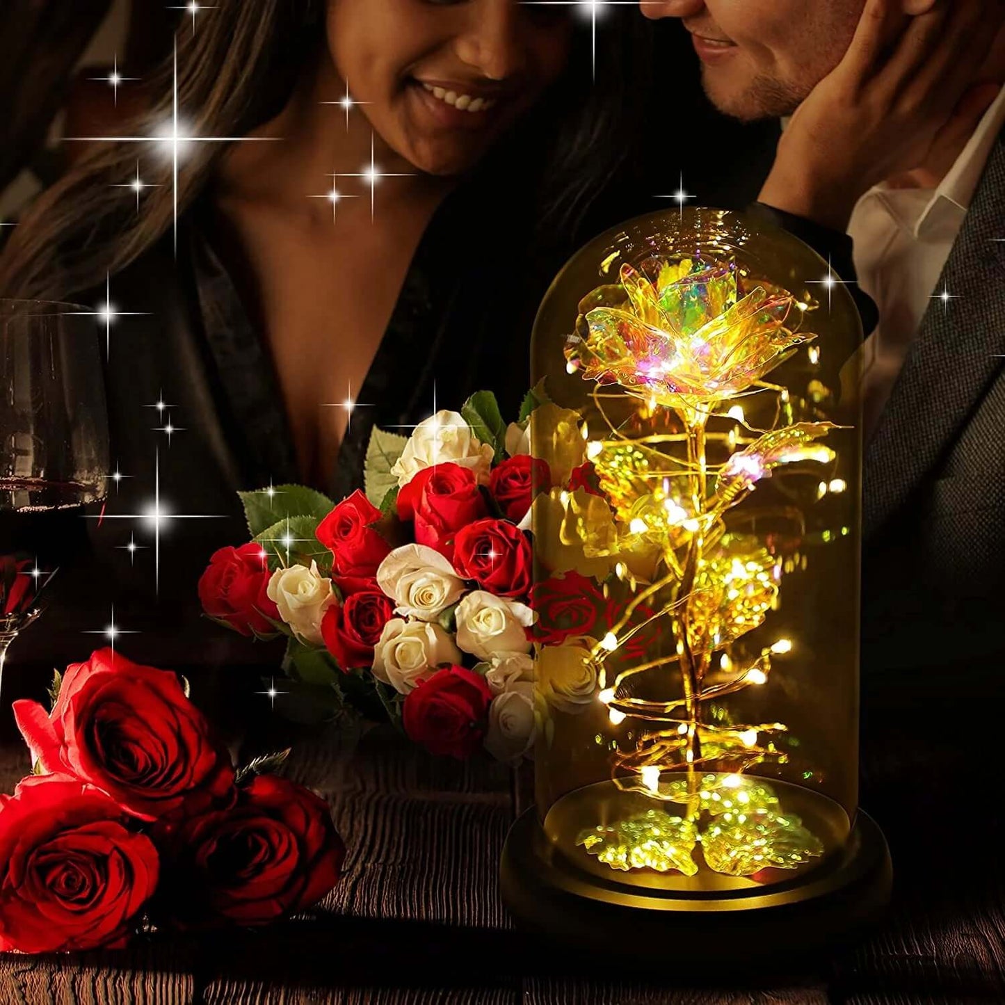 DROPPZZA Roses Gifts for Women, Mom Birthday Gifts, Colorful Artificial Flower Rose Light Gift in a Glass Dome, Gifts for Dau