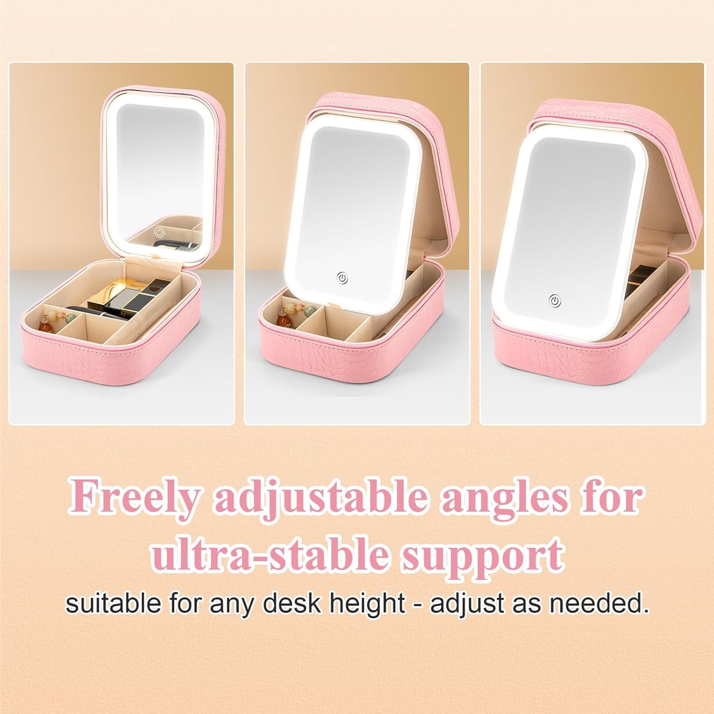 Small Travel LED Makeup Mirror Case with 3 Adjustable Color Light Settings, Dust-Proof Jewelry Box, Mini Cosmetic Train Case Ideal for Short Trips (Croc Pink)