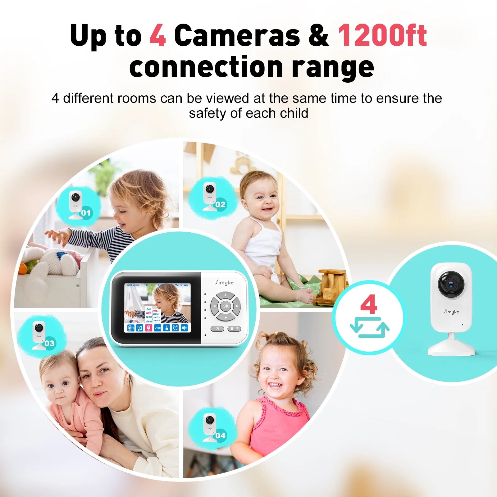 Wifi Video Baby Monitor, 2.8" LCD & App Viewing, 2-Way Audio, Night Vision, VOX, 5 Lullabies, Supports 4 Cameras, 1200Ft Range, Home Use