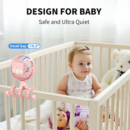 Battery Operated Stroller Fan Flexible Tripod Clip on Fan with 3 Speeds and Rotatable Handheld Personal Fans for Car Seat Crib Bike Treadmill (Pink)