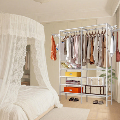 Heavy Duty Clothes Rack Double Rods Clothing Racks For Hanging Clothes White Black Multi-functional Garment Racks With 4 Tiers Closet Shelves And Rotatable