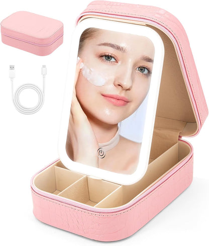 Small Travel LED Makeup Mirror Case with 3 Adjustable Color Light Settings, Dust-Proof Jewelry Box, Mini Cosmetic Train Case Ideal for Short Trips (Croc Pink)