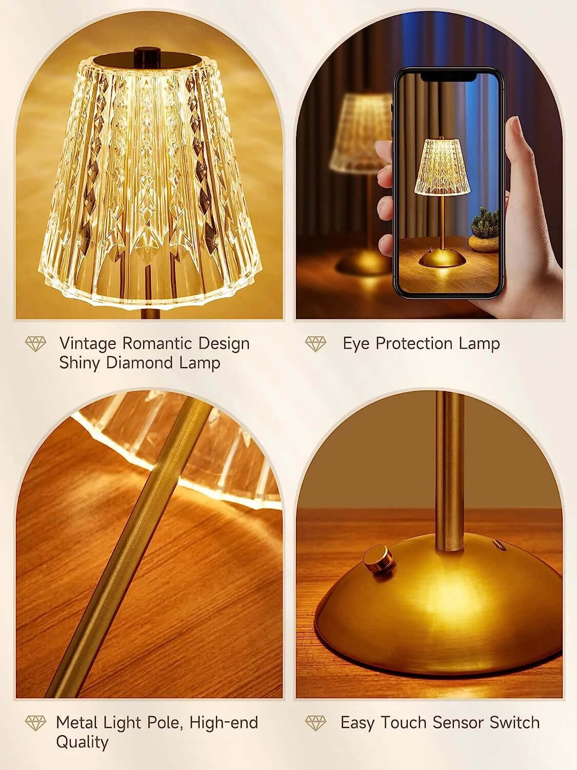 DROPPZZA Table Lamps, Dimmable Crystal Table Lamp 3 Colors LED Gold Lamp,Touch Lamp Diamond Crystal Lamp, Rechargeable Small Lamp, Cordless Lamp Bedside Lamp for Bedroom Living Room Bathroom Hotel Bar