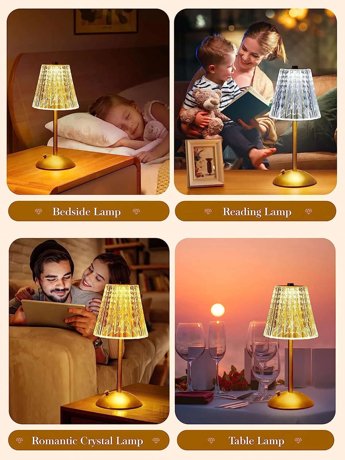 DROPPZZA Table Lamps, Dimmable Crystal Table Lamp 3 Colors LED Gold Lamp,Touch Lamp Diamond Crystal Lamp, Rechargeable Small Lamp, Cordless Lamp Bedside Lamp for Bedroom Living Room Bathroom Hotel Bar