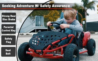 Baja-X 48V 1000W Brushless Electric Go Kart, 3-Speed Setting Go Kart W/Forward & Reverse, Racing Go Cart up to 20 Mph W/Foot Pedal & Foot Break, Go Cart Support up to 175 Lbs (Red)