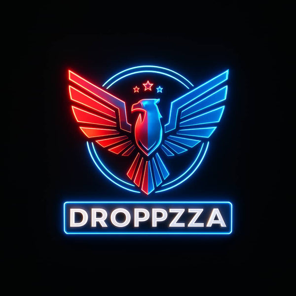 Neon logo of 'Droppzza' with an eagle design on a black background