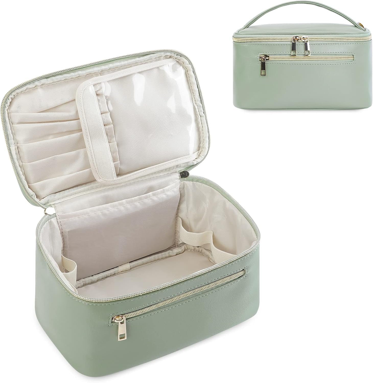 Makeup Bag, Travel Make up Organizer Cosmetic Brush Bags Case for Women in Vegan Leather, Sage Green, Patent Pending
