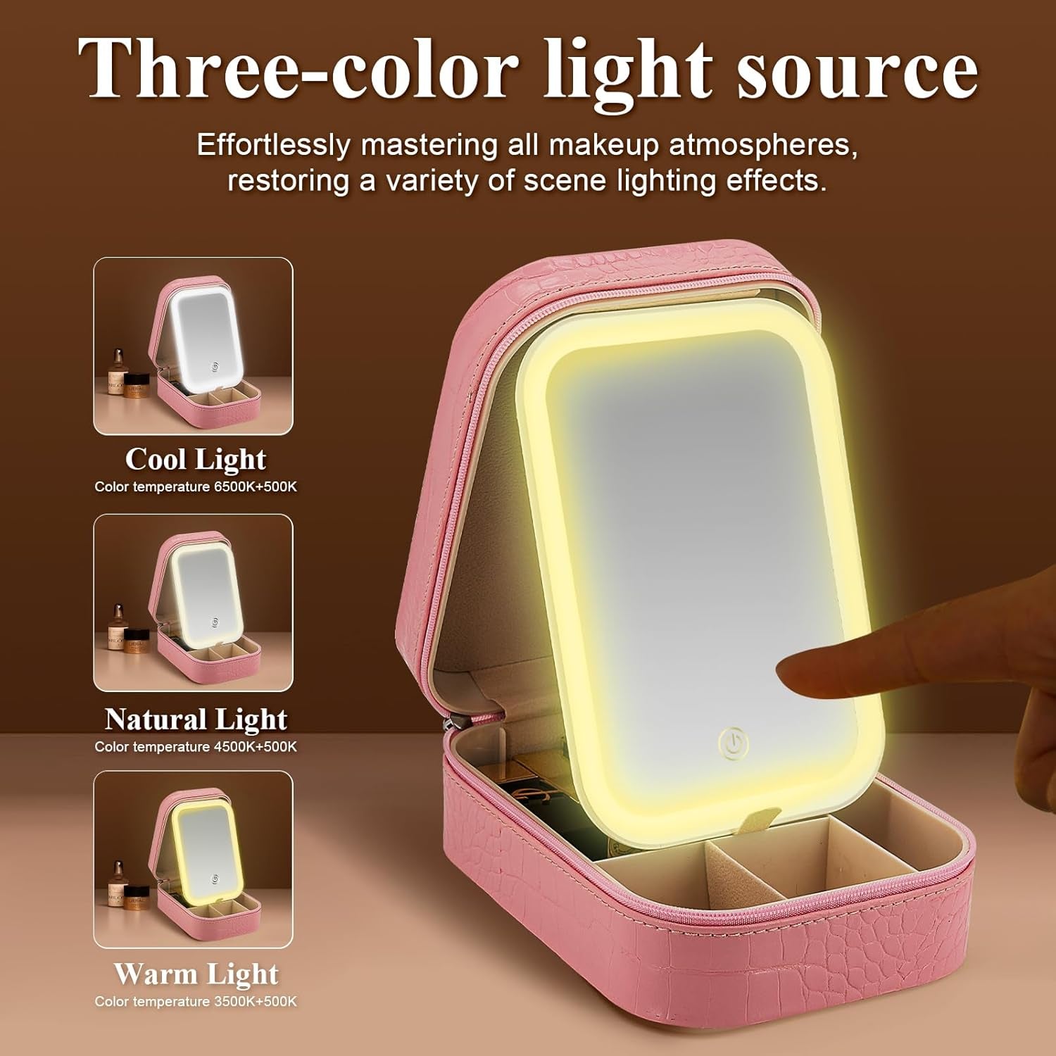 Small Travel LED Makeup Mirror Case with 3 Adjustable Color Light Settings, Dust-Proof Jewelry Box, Mini Cosmetic Train Case Ideal for Short Trips (Croc Pink)