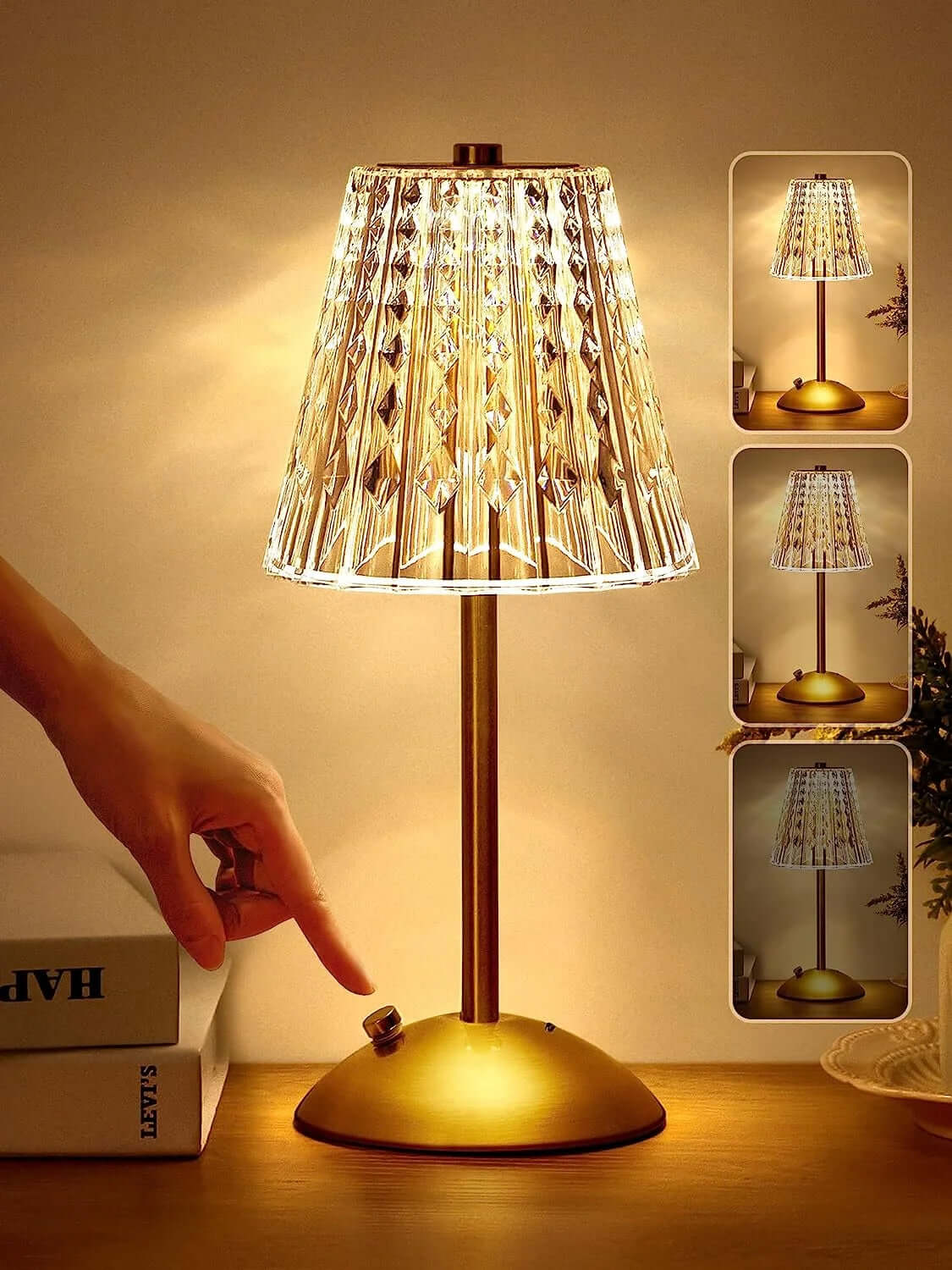DROPPZZA Table Lamps, Dimmable Crystal Table Lamp 3 Colors LED Gold Lamp,Touch Lamp Diamond Crystal Lamp, Rechargeable Small Lamp, Cordless Lamp Bedside Lamp for Bedroom Living Room Bathroom Hotel Bar